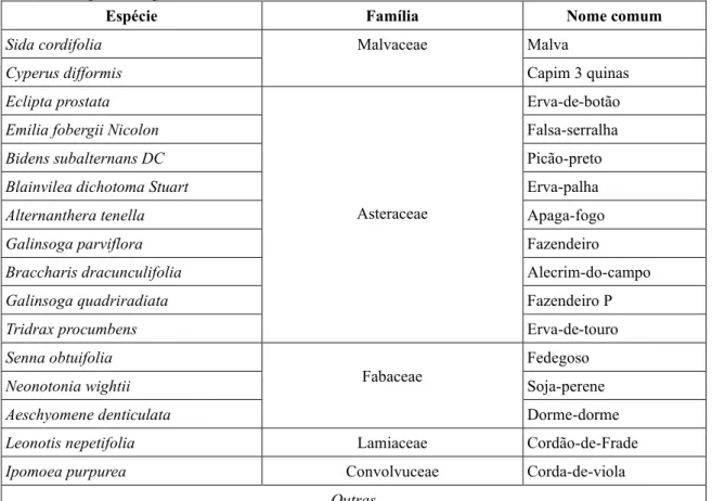 Tabela 1 – Espécies de plantas daninhas identificadas nas áreas de estudo.