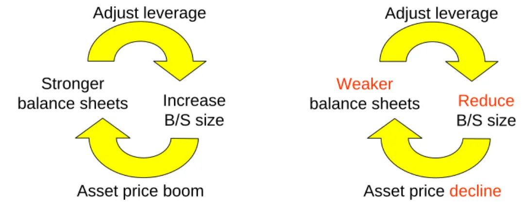 figure on the left illustrates the feedback during a boom.  Note the critical role played by  procyclical leverage