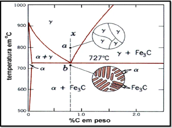 Figura 3 - Região eutetóide do diagrama Fe 3 C e microestrutura esquemática de um  aço eutetóide em condições de resfriamento