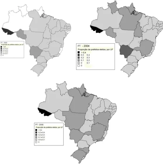 Figura 4: Mapas com a proporção de prefeitos eleitos – PT, por UF e ano da eleição 