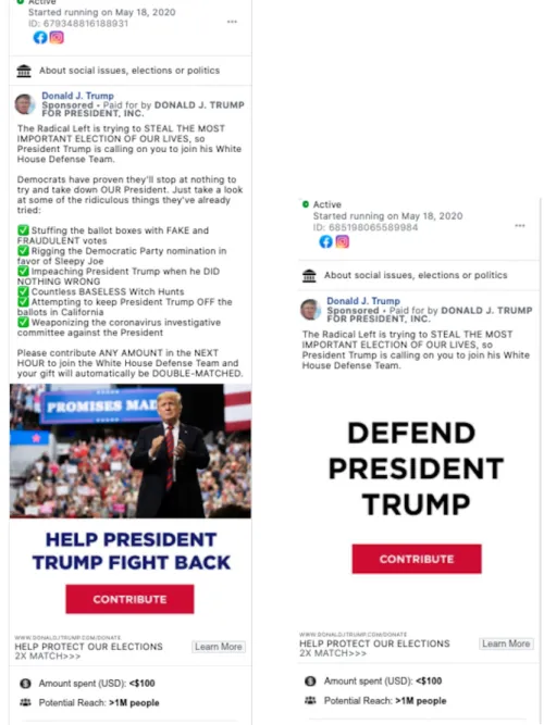 Figure 5. An example of Trump’s advertisements challenging the legitimacy of the election,  with a potential reach of up to one million people (Gogarty, 2020)
