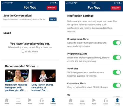 Figura 2 – Opções de personalização do app demonstram iniciativas do jornalismo ubíquo- ubíquo-Fonte: App Fox News de smartphones.