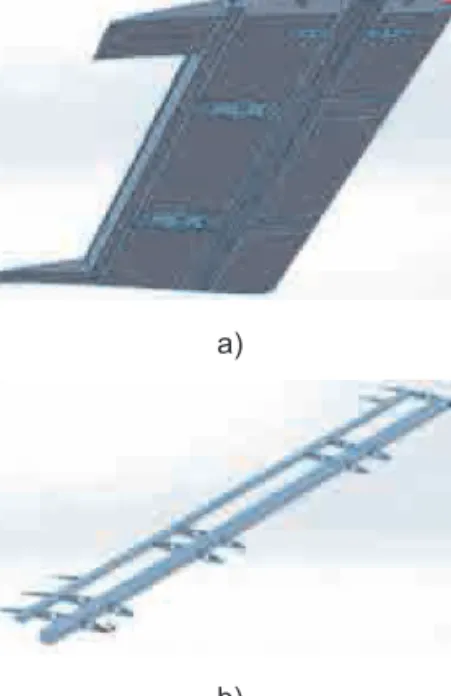 Figure  6  - Wing structure initial model: a) Bottom view of the external surface (skin) with holes and cut-outs for the payload  and servo motors; b) Wing internal structure: two Spars and nine Ribs.