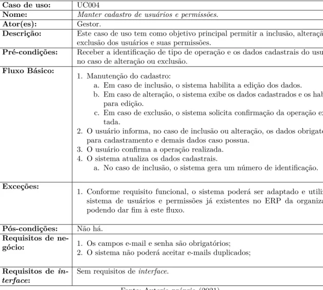 Tabela 8 – Caso de uso UC004 - Manter cadastro de usuários e permissões.