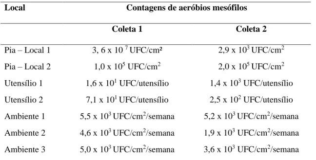 Tabela  1:  Contagem  de  microrganismos  aeróbios  mesófilos  em  locais  de  preparo de refeições escolares