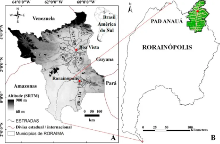 Figura 1 – Estado de Roraima (A), e em (B)  município de Rorainópolis com destaque ao PAD 