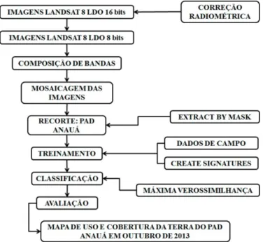 Figura 1  –  Fluxograma  exemplificando  os  passos utilizados para a discriminação das classes de  uso e cobertura da terra no PAD Anauá, município  de Rorainópolis, Roraima.
