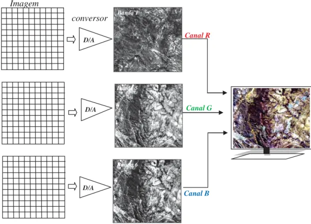 Fig. 8.3 Conversão de uma imagem digital para analógica no processo de formação de uma composição colorida  padrão RGB