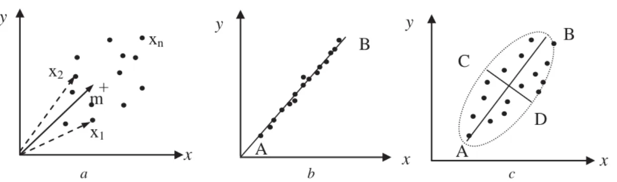 Fig. 10.2 Espaço bidimensional da representação dos dados mostrando: a) o vetor x i  dos pixels e o vetor média  m; b) a alta correlação dos dados com a variabilidade em um único eixo AB; c) a correlação positiva com os  eixos AB e CD medindo a variabilida