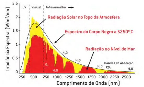 Fig. 1.10 Em vermelho a curva da irradiância solar no topo da atmosfera e em azul quando a irradiância atinge a  superfície terrestre, mostrando as absorções pelos diferentes gases atmosféricos