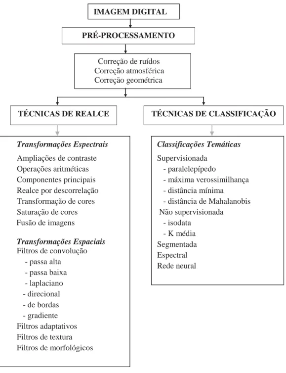 Fig. 6.1 Apresentação das principais técnicas de processamento de imagens segundo um modelo geral de divisão  dos tipos de processamento