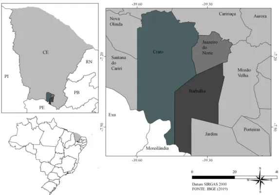 Fig. 1. Mapa da localização geográfica da área de estudo no Cariri, Ceará, Brasil. 