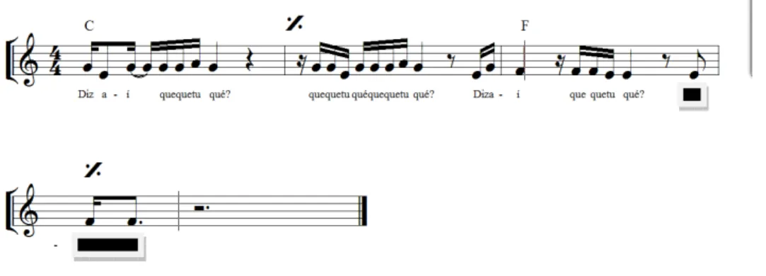 Figure 11. Song 5: Que que tu qué? (What do you want?). The black tag on the score  covers where the name of the client was sung