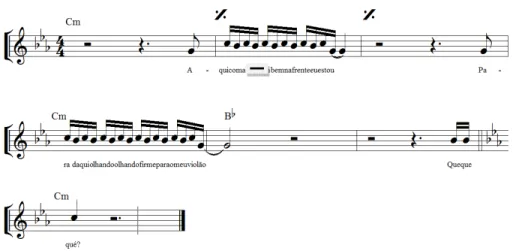 Figure 12. Song 6: recreation of Que que tu qué? (What do you want?). The black tag  on the score covers where the name of the client was sung