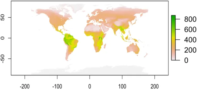 Figura s1.  Mapa de riqueza global de aves com base na Birdlife. 