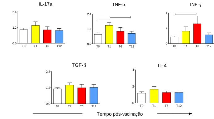 Figura 8- Perfil de citocinas intracitoplasmáticas em Linfócitos T CD4 +  do sangue periférico dos cães  vacinados  com  Leishmune®  após  estímulo  in  vitro  com  antígeno  solúvel  de  Leishmania  chagasi