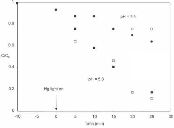 Figure 6. ─Kinetics of thiosulfate removal at pH = 5.3 or 7.4 in a suspension of TiO 2 .