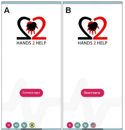 Figura 2 – Telas iniciais do aplicativo Hands 2 Help. Tela inicial em português (A) e  em inglês (B)