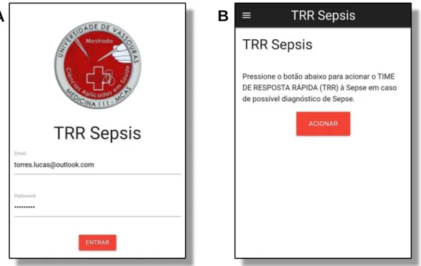 Figura  1.  Aplicativo  TRR  Sepsis.  Tela  inicial  do  aplicativo,  com  a  logomarca  do  Programa de Mestrado em Ciências Aplicadas em Saúde; Usuário e senha (A)