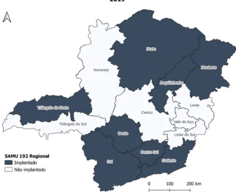 Mapa 1: Implantação do SAMU Regional no Estado de Minas Gerais em 2019 