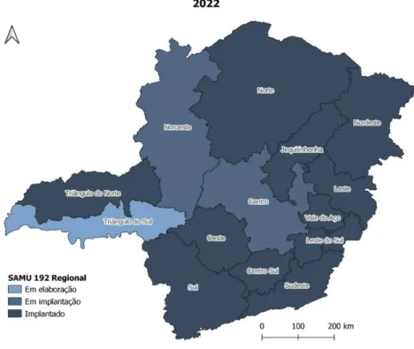 Mapa 2: Implantação do SAMU Regional no Estado de Minas Gerais em 2022 