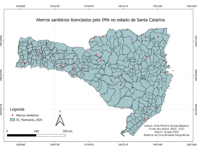 Figura 1: Localização dos aterros sanitários licenciados pelo IMA em Santa Catarina.