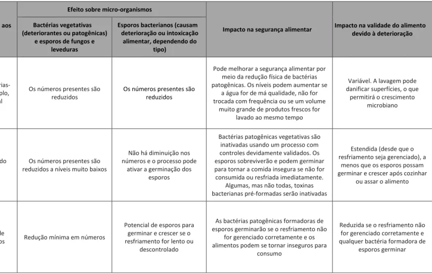 Tabela 1: Impacto do processamento na segurança alimentar e no prazo de validade do alimento