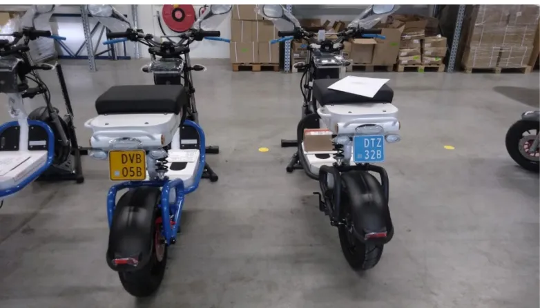 Figure - Scooters with Plates Directly from the Production Line   The yellow plate indicates a moped, and the blue one, a light moped