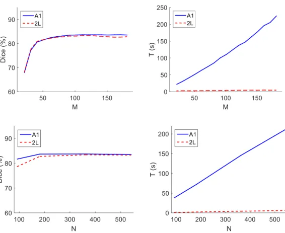 Fig. 7. Computational performance: (left) the Dice coefficient and (right) the time spent per 100 iterations, T