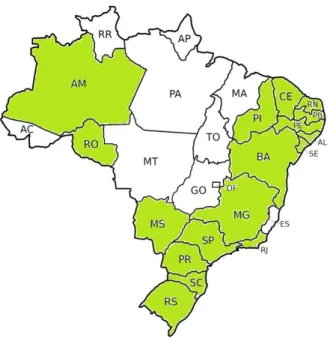 Figura 1: Mapa do Brasil com os Estados contemplados  no estudo destacados em verde 