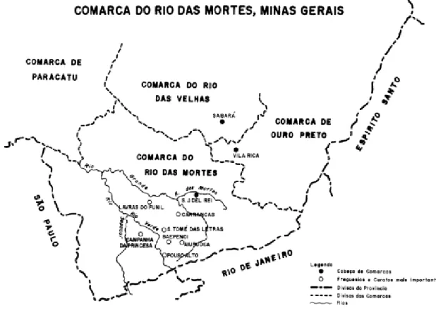 Figura 8 - Mapa da Comarca do Rio das Mortes no século XIX, região correspondente ao atual Sul de Minas