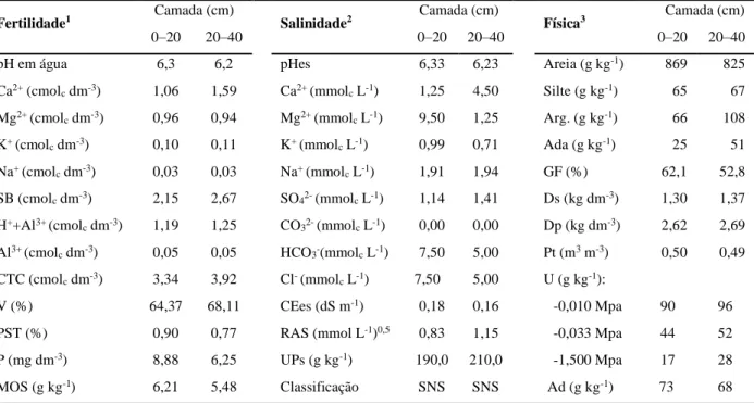 Tabela  1.1  Atributos  químicos  (fertilidade  e  salinidade)  e  físicos  do  Neossolo  Regolítico  eutrófico, antes da implantação do experimento