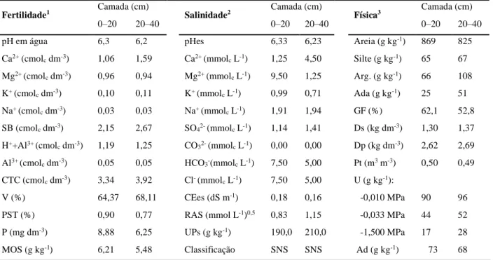 Tabela  2.1  Atributos  químicos  (fertilidade  e  salinidade)  e  físicos  do  Neossolo  Regolítico  eutrófico, antes da implantação do experimento