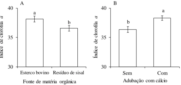Figura  2.3  Valores  médios  ±  erro  padrão  para  a  índices  de  clorofila  a  em  folhas  de  maracujazeiro-amarelo , em resposta as fonte de matéria orgânica (A) e  adubação com cálcio  (B)