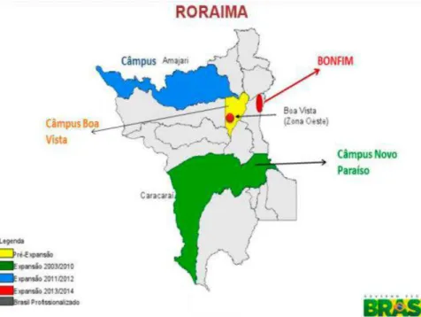 Figura 1: Mapa do Estado de Roraima com a localização dos Campi do IFRR. 