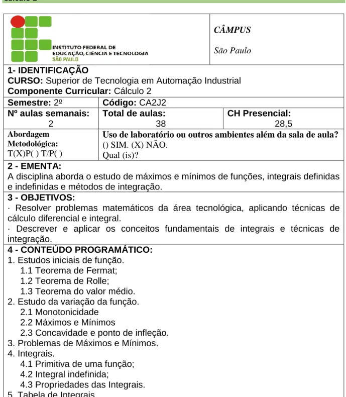 5. Tabela de Integrais. 