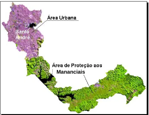 Figura 8. Foto aérea formatada em Mapa apresentando a parte urbana                                              e a área de proteção ao manancial da represa Billings e da                                              Serra do Mar (fonte: SEMASA, 2007)