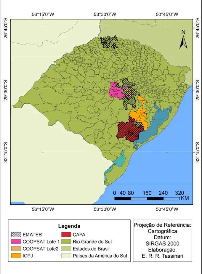 Figura 6: Mapa com a distribuição da implementação dos serviços de ATER no âmbito  do PNDACT no RS: 