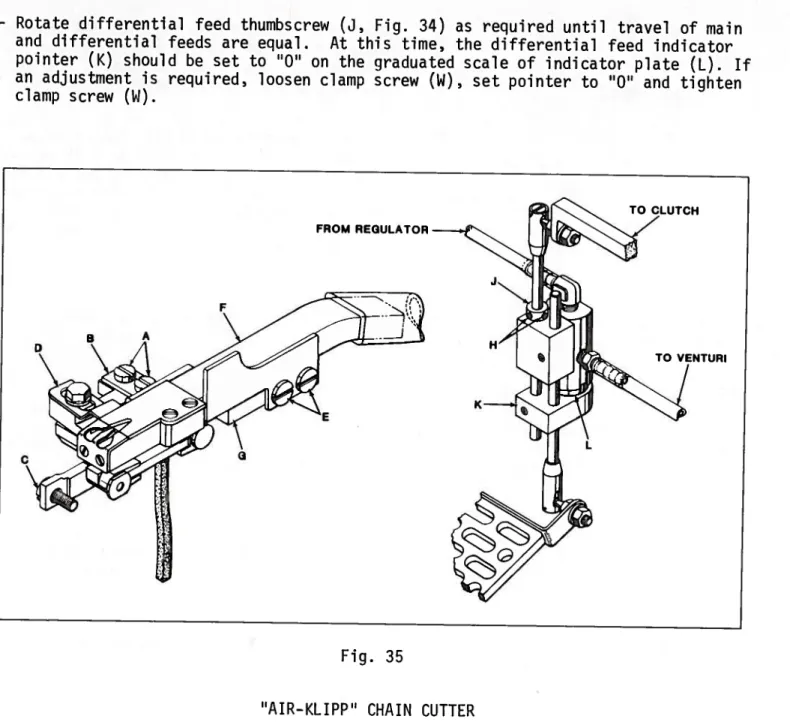 - Rotate differential feed thumbscrew (3, Fig. 34) as required until travel of main and differential feeds are equal