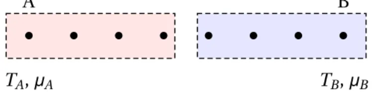 Figure 6.1: Systems A and B initially prepared at different temperatures and chemical potentials.