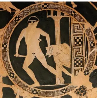Figura 1: Teseu arrastando o Minotauro do labirinto. Medalhão de kylix ático em figura vermelha
