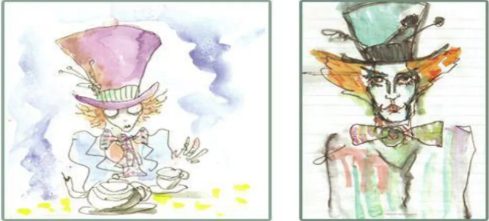 Figura 4: Aquarelas do Chapeleiro Maluco. Interpretações do personagem feitas por Tim Burton   (à esquerda) e Johnny Depp (à direita), sem que um tenha visto os desenhos do outro