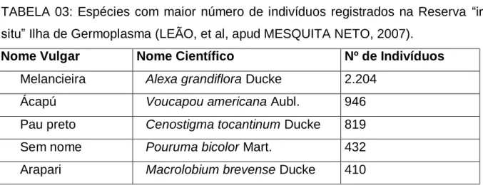 TABELA  03:  Espécies  com  maior  número  de  indivíduos  registrados  na  Reserva  “in  situ” Ilha de Germoplasma (LEÃO, et al, apud MESQUITA NETO, 2007)
