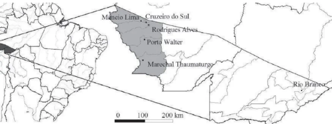 Figura 1. Estado do Acre, lado esquerdo superior do mapa encontra-se a localização dos  municípios do Alto Juruá-AC