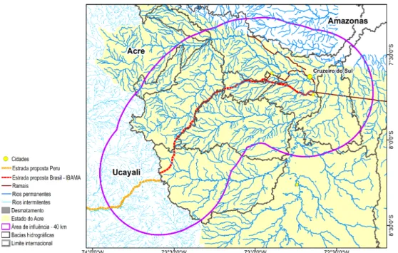 Figura 2. Bacias e rede hidrográfica na área de influência do traçado planejado da Rodovia  Cruzeiro do Sul-Pucallpa