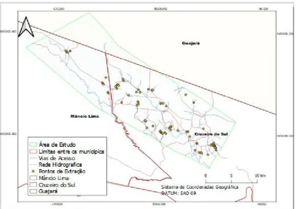 Figura 3. Localização das áreas de exploração em Campinaranas, objeto de estudo desta  pesquisa no Vale do Juruá, Acre