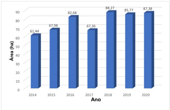 Figura 4. Evolução das áreas de Campinaranas para mineração de areia durante os anos  de 2014 a 2020 em municípios do Alto Juruá