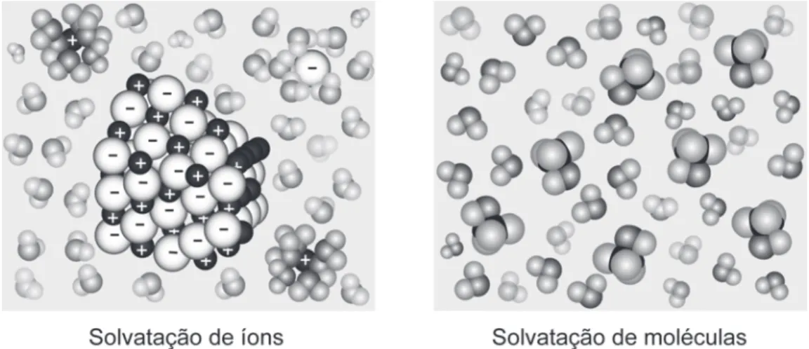 Figura 37 Representação esquemática da solvatação de íons (à esquerda) e de molé- molé-culas (à direita).