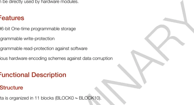 Table 4-1 lists all the parameters in BLOCK0 and their offsets, bit widths, as well as information on whether they can be used by hardware, which bits are write-protected, and corresponding descriptions.