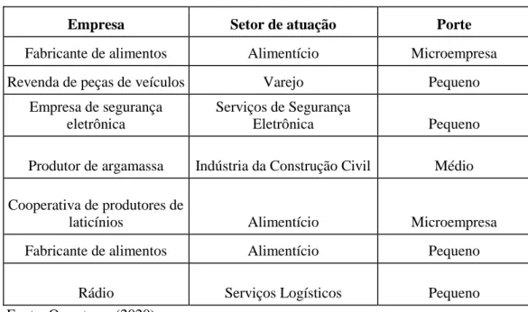Tabela 2. Perfil das empresas. 